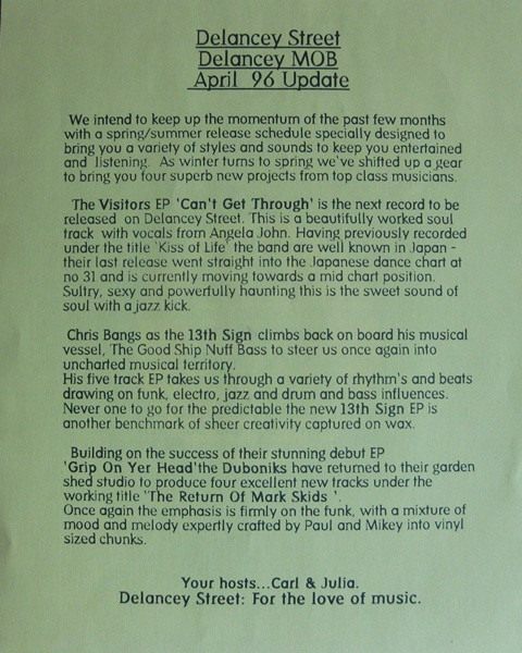 Visitor (2) - Can't Get Thru, Electronic, Downtempo, 1996 - On Delancey Street, UK, Vinyl 1x 12", 33 ⅓ RPM