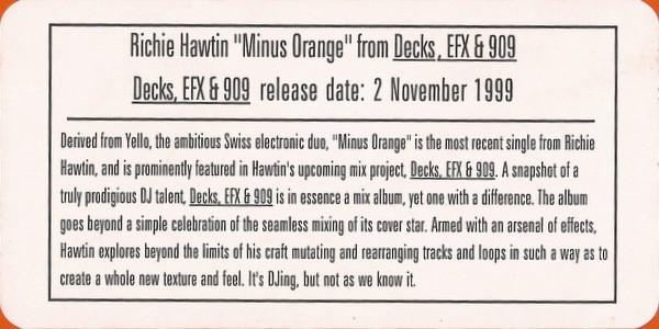 Richie Hawtin - Minus Orange, Electronic, Techno, 1999 - M_nus, Canada, Vinyl 1x 12", 33 ⅓ RPM, Special Cut Orange Sleeve