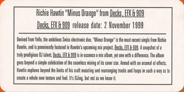 Richie Hawtin - Minus Orange, Electronic, Techno, 1999 - M_nus, Canada, Vinyl 1x 12", 33 ⅓ RPM, Special Cut Orange Sleeve