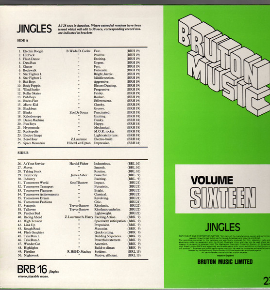 Various - Jingles Volume Sixteen, Jazz, Stage & Screen, Theme, 1984 - Bruton Music, UK, Vinyl 1x LP