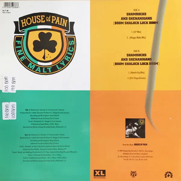 House Of Pain - Shamrocks And Shenanigans (Boom Shalock Lock Boom), Hip Hop, 1992 - XL Recordings, UK, Vinyl 1x 12", 33 ⅓ RPM