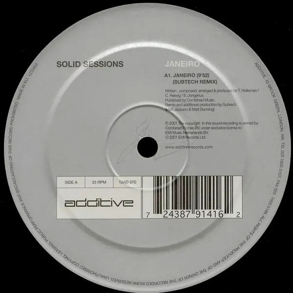 Solid Sessions - Janeiro, Electronic, House, Progressive Trance, Tech House, Trance, 2001 - Additive, UK, Vinyl 1x 12", 33 ⅓ 