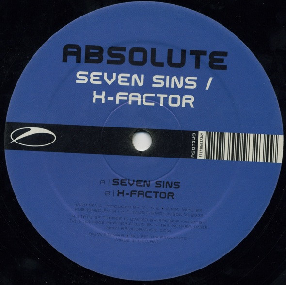 Absolute (4) - Seven Sins / X-Factor, Electronic, Trance, 2005 - A State Of Trance, Netherlands, Vinyl 1x 12", 45 RPM