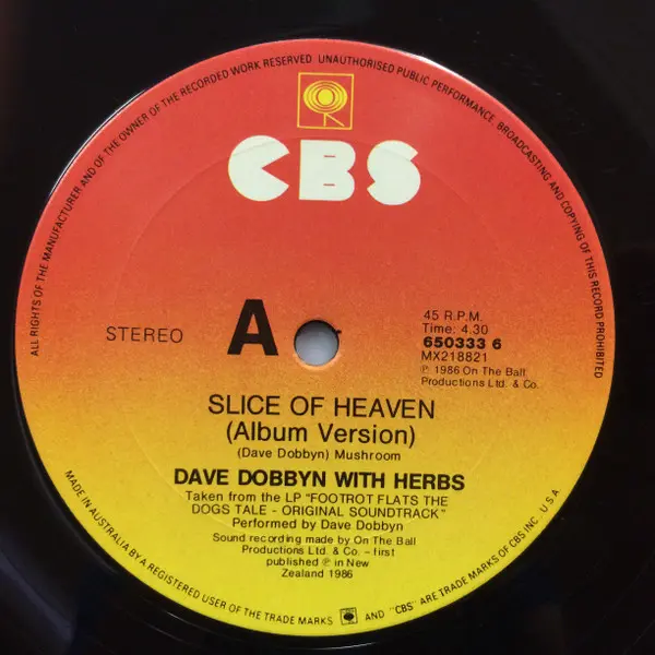 Dave Dobbyn With Herbs - Slice Of Heaven - 1986 -Pop Rock, Soundtrack -CBS -Vinyl 1x 12", 45 RPM, Single, Stereo