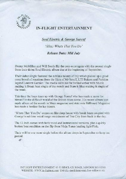 Soul Electric & George Sueref - (Hey) Whats That You Do, Electronic, Broken Beat, Deep House, Garage House, 2001 - In-Flight 