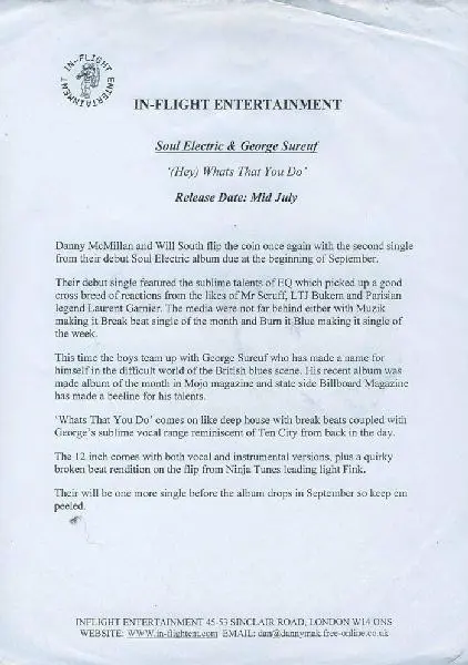 Soul Electric & George Sueref - (Hey) Whats That You Do, Electronic, Broken Beat, Deep House, Garage House, 2001 - In-Flight 