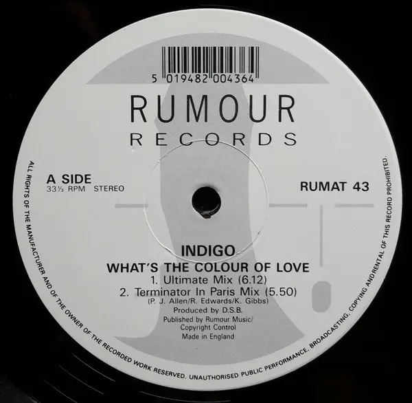 Indigo (6) - What's The Colour Of Love, Electronic, Breakbeat, Techno, 1992 - Rumour Records, UK, Vinyl 1x 12"