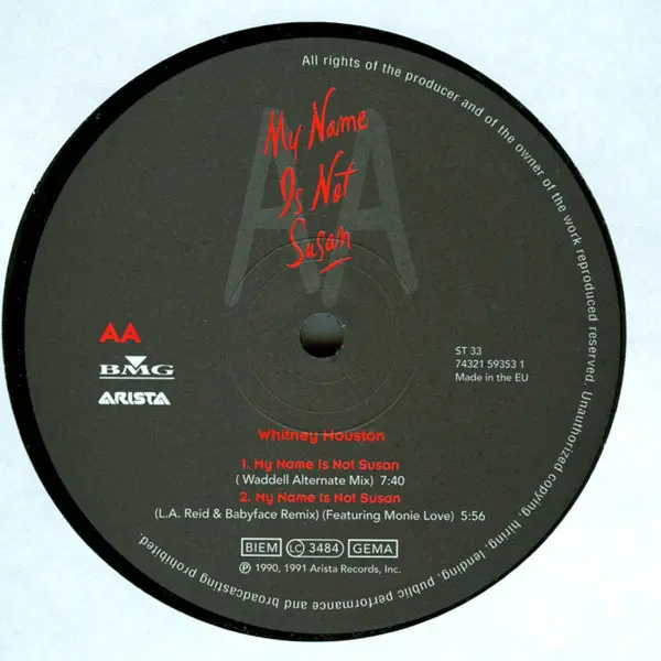 Whitney Houston - My Name Is Not Susan, Funk / Soul, Hip Hop, Disco, RnB/Swing, 1998 - Arista, Europe, Vinyl 1x 12", 33 ⅓ RPM