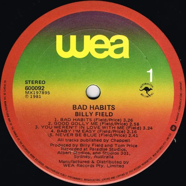 Album cover for Bad Habits by Billy Field