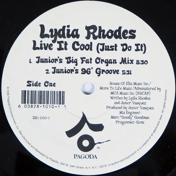 Lydia Rhodes - Live It Cool (Just Do It), Electronic, Hard House, Tribal House, 1996 - Pagoda, US, Vinyl 1x 12", 33 ⅓ RPM