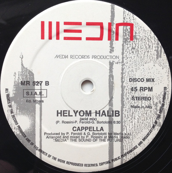 Cappella - Helyom Halib, Electronic, Italo House, Media Records, Italy, Vinyl 1x 12", 45 RPM, Stereo Media Label