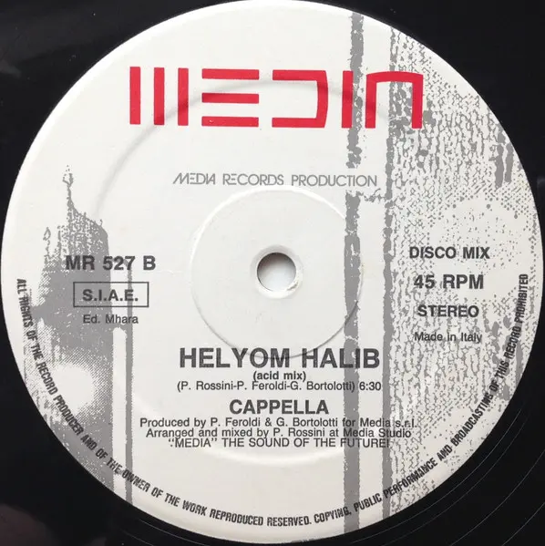 Cappella - Helyom Halib, Electronic, Italo House, Media Records, Italy, Vinyl 1x 12", 45 RPM, Stereo Media Label
