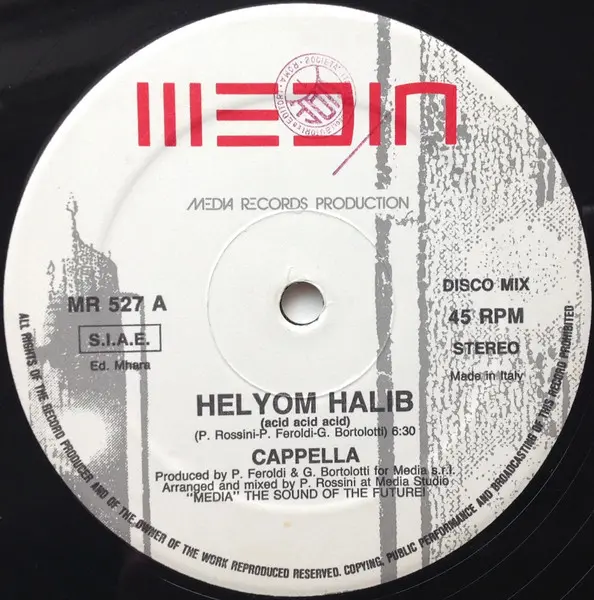 Cappella - Helyom Halib, Electronic, Italo House, Media Records, Italy, Vinyl 1x 12", 45 RPM, Stereo Media Label