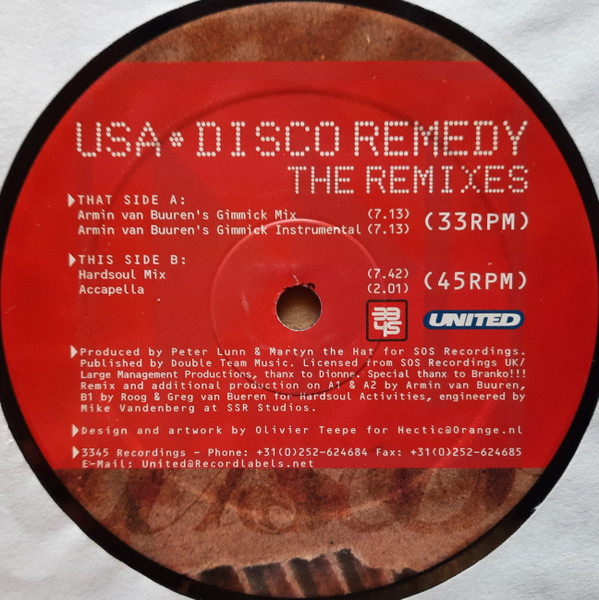 U.S.A. - Disco Remedy (Remixes), Electronic, House, 1999 - 3345 Recordings, United (16), Netherlands, Vinyl 1x 12", 33 ⅓ RPM,