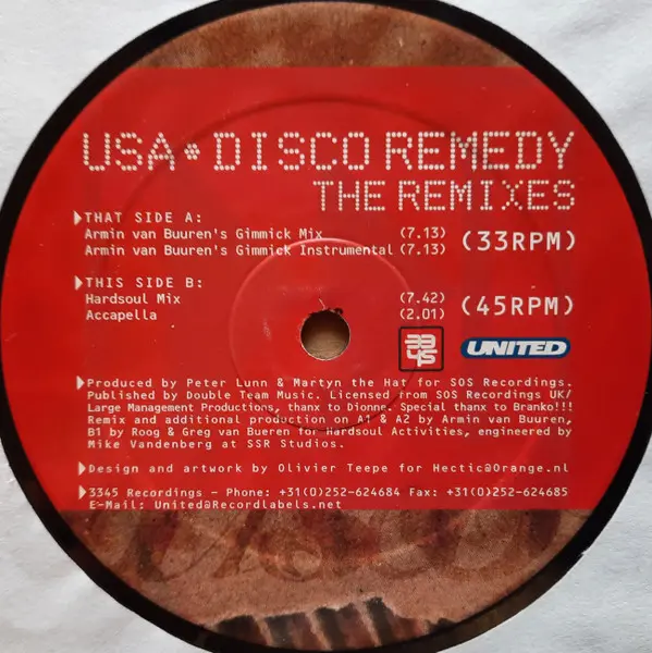U.S.A. - Disco Remedy (Remixes), Electronic, House, 1999 - 3345 Recordings, United (16), Netherlands, Vinyl 1x 12", 33 ⅓ RPM,