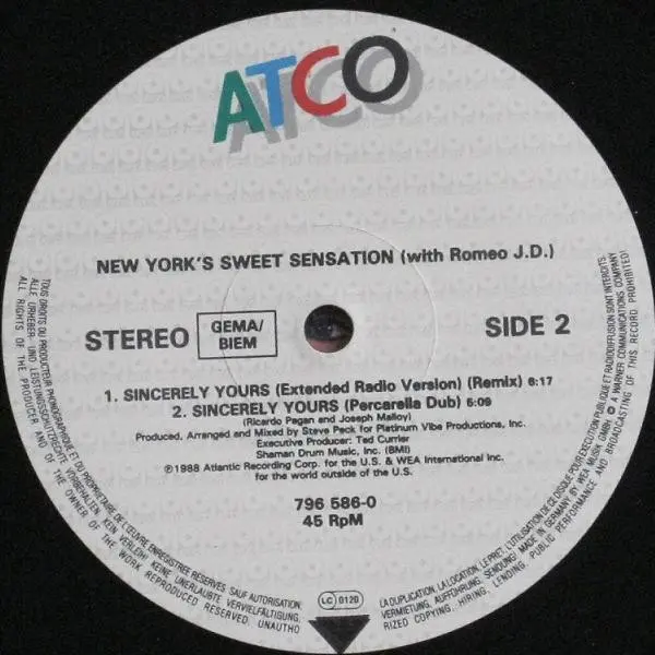 Sweet Sensation with Romeo J. D. - Sincerely Yours, Electronic, Funk / Soul, Disco, Electro, Freestyle, Funk, 1988 - ATCO Rec