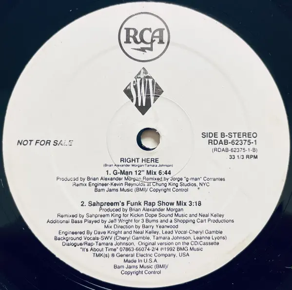 SWV - Right Here (Remixes), Funk / Soul, Hip Hop, Contemporary R&B, RCA (2), US, Vinyl 1x 12", 33 ⅓ RPM, Single, Promo, Unoff