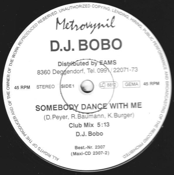 DJ BoBo - Somebody Dance With Me, Electronic, Dance-pop, 1993 - EAMS Lesser KG, Germany, Vinyl 1x 12" White