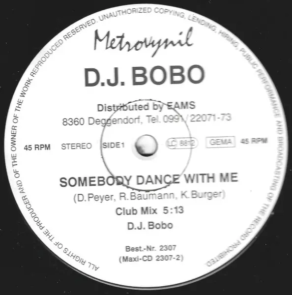 DJ BoBo - Somebody Dance With Me, Electronic, Dance-pop, 1993 - EAMS Lesser KG, Germany, Vinyl 1x 12" White
