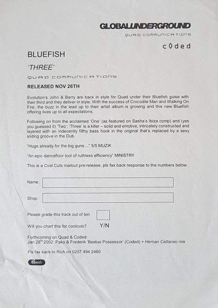 Bluefish - Three, Electronic, Progressive House, 2001 - Quad Communications, UK, Vinyl 1x 12", Promo, White Label
