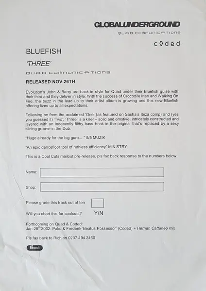 Bluefish - Three, Electronic, Progressive House, 2001 - Quad Communications, UK, Vinyl 1x 12", Promo, White Label
