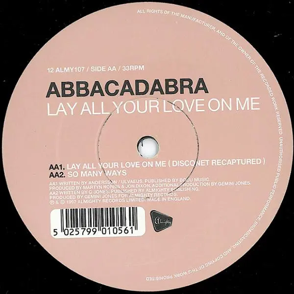 Abbacadabra - Lay All Your Love On Me, Electronic, Euro House, 1997 - Almighty Records, UK, Vinyl 1x 12", 33 ⅓ RPM