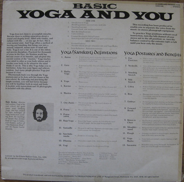 Mark Becker - Basic Yoga And You, Folk, World, & Country, Non-Music, Indian Classical, Spoken Word, 1978 - Hammard, Australia