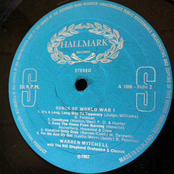 Warren Mitchell - Songs Of World War 1, Pop, Stage & Screen, Comedy, Music Hall, 1968 - Hallmark Records, Australia, Vinyl 1x