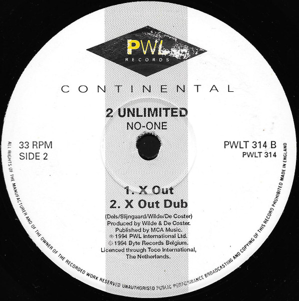 2 Unlimited - No One, Electronic, Euro House, 1994 - PWL Continental, UK, Vinyl 1x 12", Single