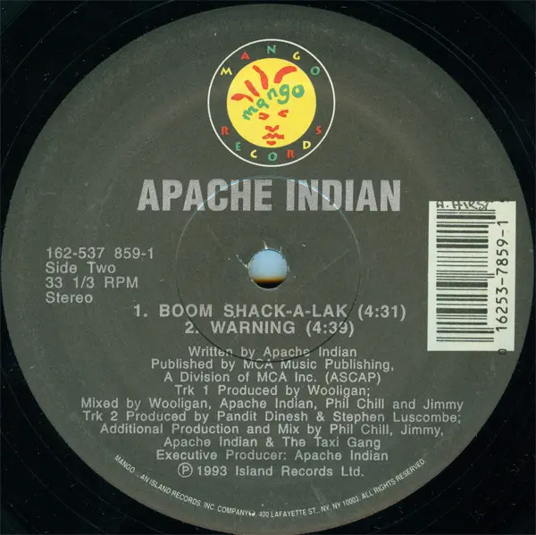 Apache Indian - Boom Shack-A-Lak, Hip Hop, Reggae, Ragga HipHop, 1993 - Mango, US, Vinyl 1x 12", 33 ⅓ RPM