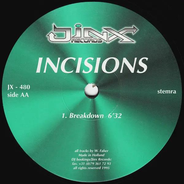 Incisions - Substance, Electronic, Hard House, Techno, Trance, 1995 - Jinx Records, Netherlands, Vinyl 1x 12", 33 ⅓ RPM, 45 R