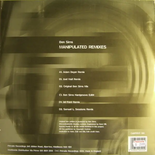 Ben Sims - Manipulated Remixes, Electronic, Techno, Tribal, 2000 - Primate Recordings, UK, Vinyl 2x 12", 33 ⅓ RPM