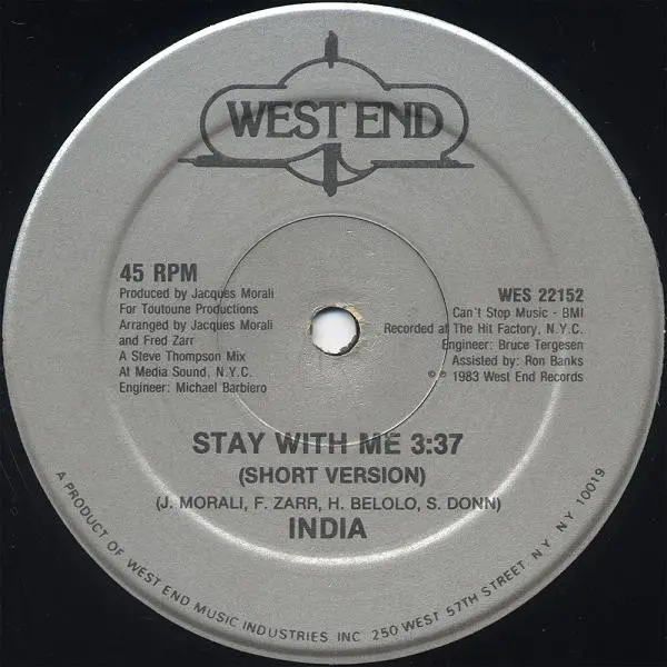 India (2) - Stay With Me, Electronic, Disco, 1983 - West End Records, US, Vinyl 1x 12", 45 RPM