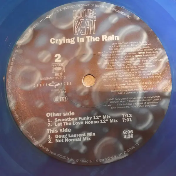 Culture Beat - Crying In The Rain, Electronic, Euro House, House, 1996 - Dance Pool, Germany, Vinyl 1x 12", 33 ⅓ RPM, 45 RPM,