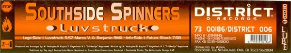 Southside Spinners - Luvstruck, Electronic, Trance, 1998 - District Records, Lube, Netherlands, Vinyl 1x 12", 45 RPM