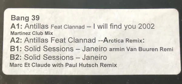 Antillas Feat Clannad / Solid Sessions - I Will Find You 2002 / Janeiro, Electronic, Trance, 2002 - Bang On!, Australia, Viny