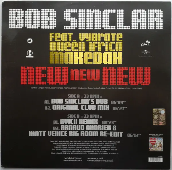 Bob Sinclar Featuring Vybrate & Queen Ifrica & Makedah - New New New, Electronic, Hip Hop, Crunk, House, 2010 - D:vision Reco