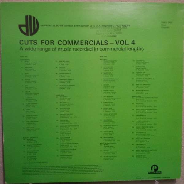 Various - Cuts For Commercials Volume 4, Electronic, Funk / Soul, Stage & Screen, Theme, 1982 - Music De Wolfe, UK, Vinyl 1x 
