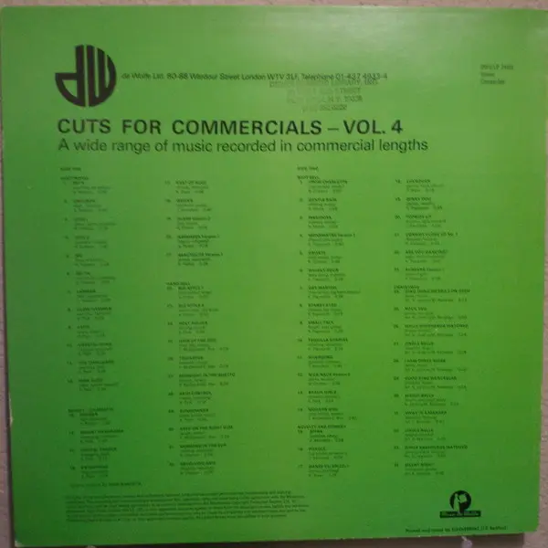 Various - Cuts For Commercials Volume 4, Electronic, Funk / Soul, Stage & Screen, Theme, 1982 - Music De Wolfe, UK, Vinyl 1x 