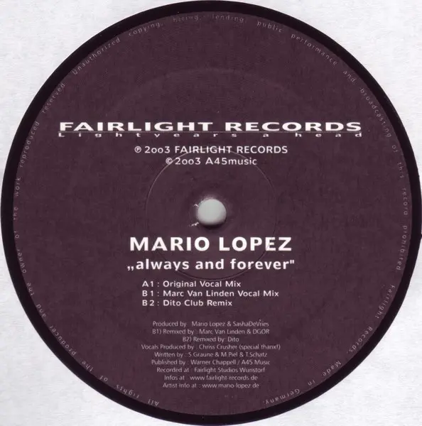 Mario Lopez - Always And Forever, Electronic, Trance, 2003 - A45 Music, Fairlight Records, Germany, Vinyl 1x 12", 45 RPM Pict
