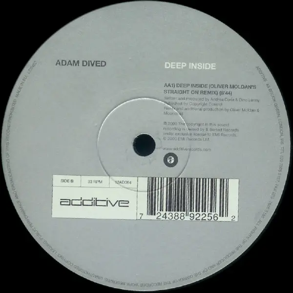 Adam Dived - Deep Inside, Electronic, Progressive Trance, 2000 - Additive, UK, Vinyl 1x 12", 33 ⅓ RPM