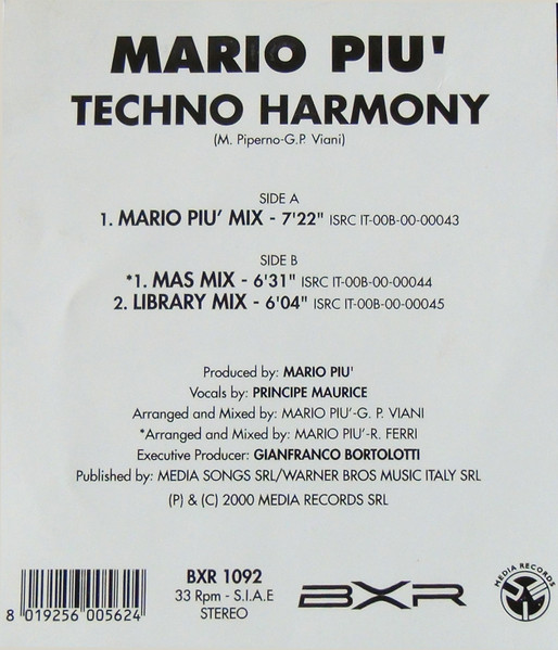 Mario Più - Techno Harmony, Electronic, Techno, 2000 - BXR, Italy, Vinyl 1x 12", 33 ⅓ RPM, Stereo