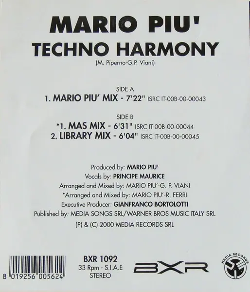 Mario Più - Techno Harmony, Electronic, Techno, 2000 - BXR, Italy, Vinyl 1x 12", 33 ⅓ RPM, Stereo