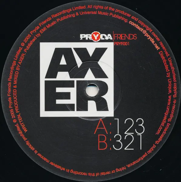 Axer - 123, Electronic, Electro House, Tech House, 2006 - Pryda Friends, UK, Vinyl 1x 12", 45 RPM