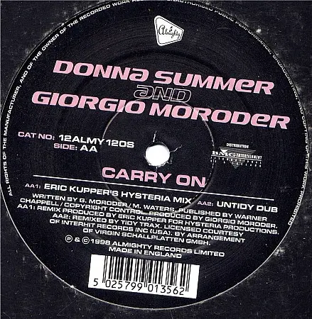 Donna Summer And Giorgio Moroder - Carry On, Electronic, Hard House, House, 1998 - Almighty Records, UK, Vinyl 1x 12"