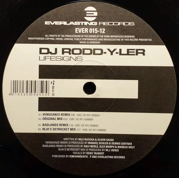 Rodd-Y-Ler - Lifesigns, Electronic, Trance, 2002 - Everlasting Records, Germany, Vinyl 1x 12", 33 ⅓ RPM