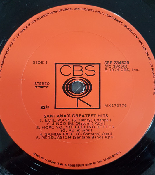 Santana - Santana's Greatest Hits, Rock, Blues Rock, Psychedelic Rock, 1974 - CBS, Australia, Vinyl 1x LP, Compilation