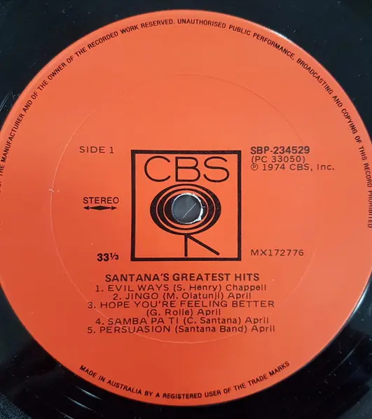 Santana - Santana's Greatest Hits, Rock, Blues Rock, Psychedelic Rock, 1974 - CBS, Australia, Vinyl 1x LP, Compilation