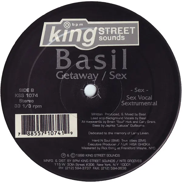 Basil - Getaway / Sex, Electronic, Deep House, House, 1998 - BPM King Street Sounds, US, Vinyl 1x 12", 33 ⅓ RPM