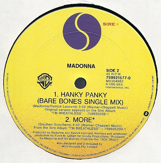 Madonna - Hanky Panky, Electronic, Jazzdance, Synth-pop, 1990 - Sire, Warner Bros. Records, Australia, Vinyl 1x 12", 45 RPM, 